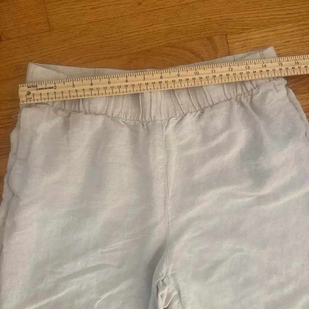 Natural linen blend cropped pants neutral wide leg elastic wasit